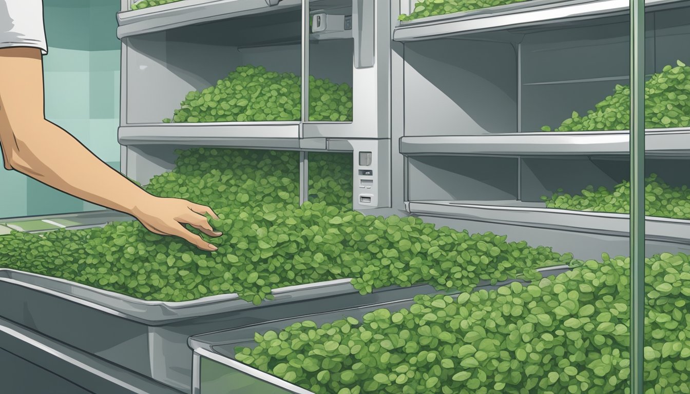 A hand reaching for a bunch of fresh watercress in a market, with a refrigerator in the background for storing the watercress