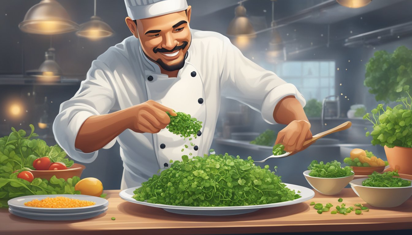 A chef confidently sprinkles fresh watercress over a vibrant salad, showcasing its safe and delicious culinary use