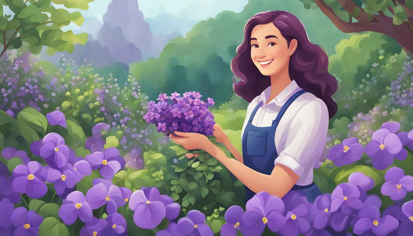 A person holding a violet flower and smiling, surrounded by a lush garden filled with blooming violets