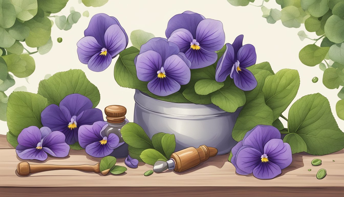 A cluster of violets surrounded by leaves, with a small bottle of violet extract and a mortar and pestle nearby