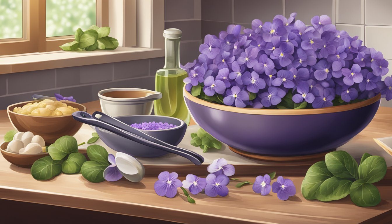 A bowl of violets on a kitchen counter, surrounded by fresh ingredients and cooking utensils