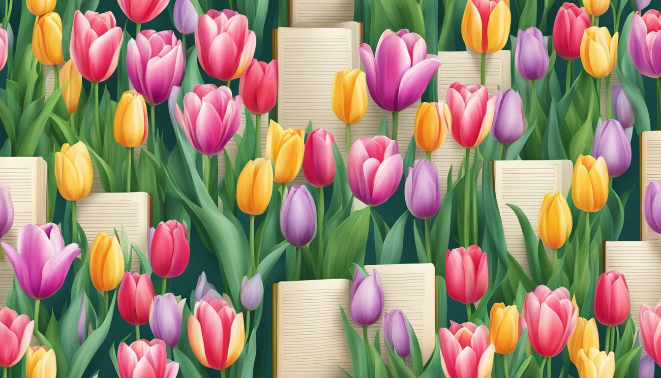 A colorful array of tulip flowers, with vibrant petals and green stems, surrounded by historical books and documents