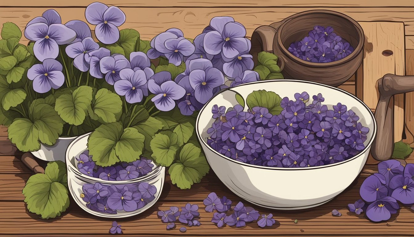 A bowl of fresh violets sits on a rustic wooden table, surrounded by various cooking utensils and ingredients, suggesting their use in culinary applications