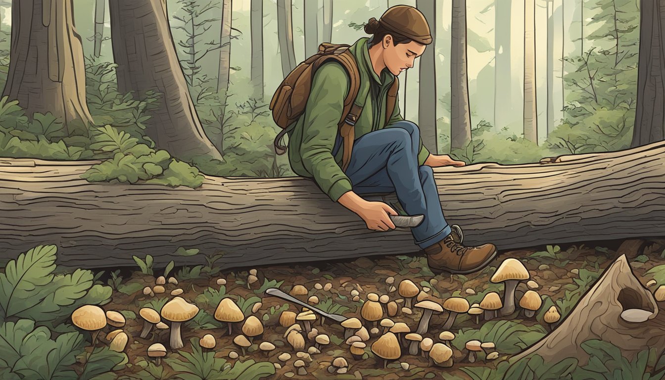 A person foraging in a forest, carefully plucking turkey tail mushrooms from a fallen log