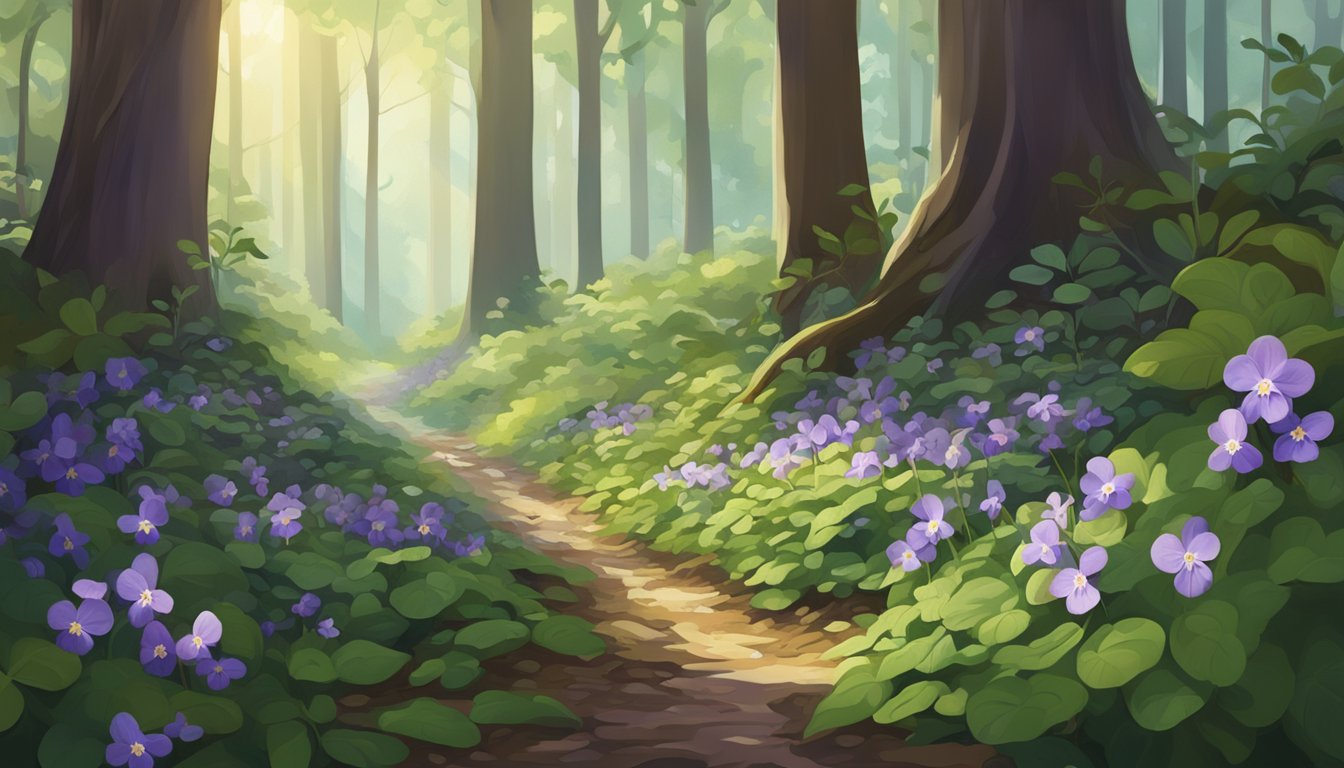 A lush forest floor with delicate violets peeking out from the underbrush, surrounded by trees and dappled sunlight