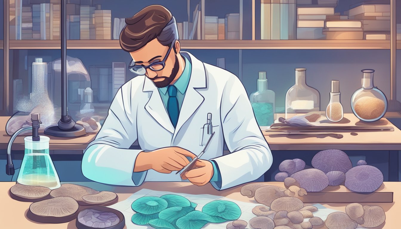 A person in a lab coat examines a microscope slide with turkey tail mushrooms under a bright light. Research papers and studies are scattered on the table