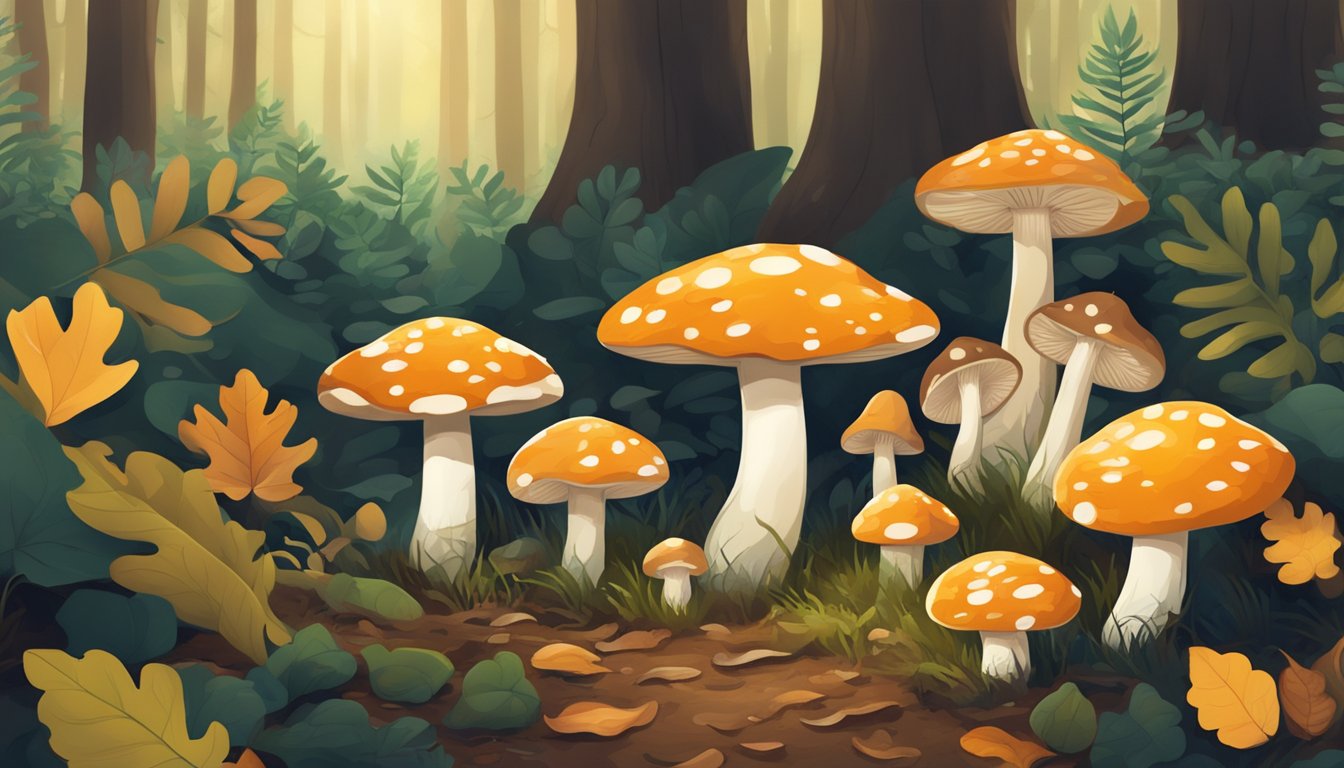 A forest floor with mushrooms poking through the earth, surrounded by fallen leaves and dappled sunlight