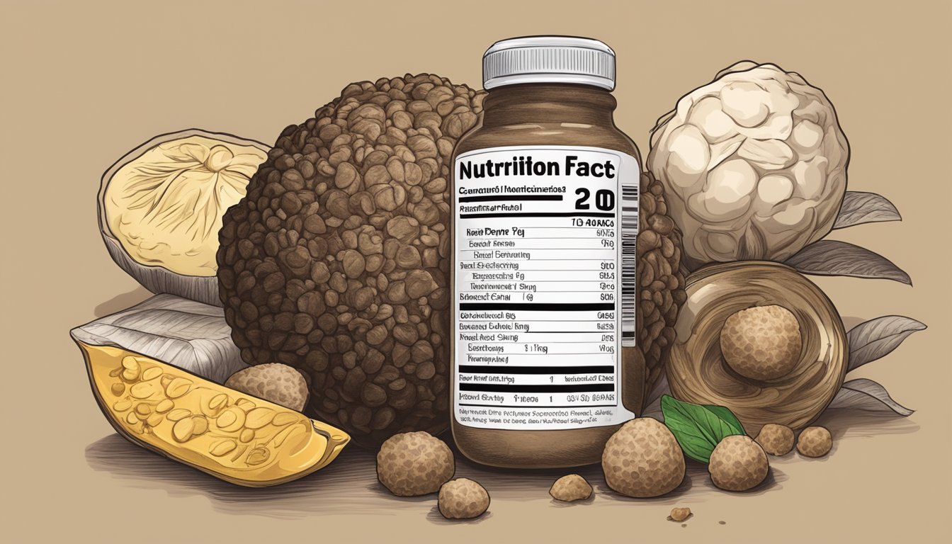 A truffle surrounded by various foods and a nutrition label