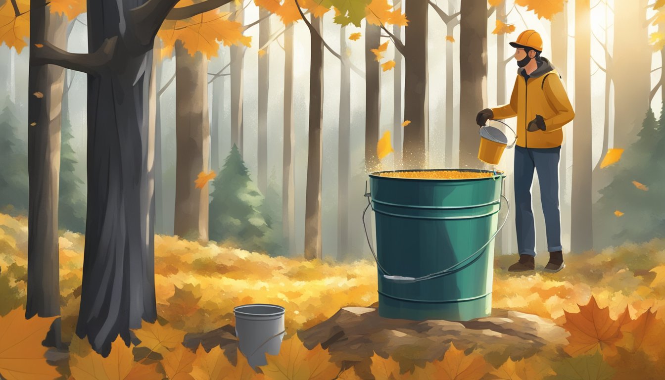 A person collects tree sap from a maple tree using a metal spile and bucket. The sap drips slowly into the bucket, surrounded by a forest of tall trees