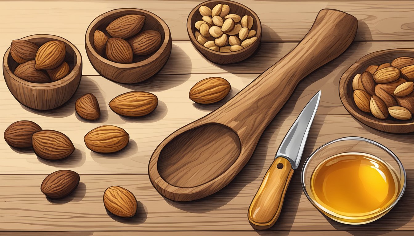 A variety of tree nuts, including almonds, walnuts, and cashews, arranged on a wooden cutting board with a knife and a small dish of honey