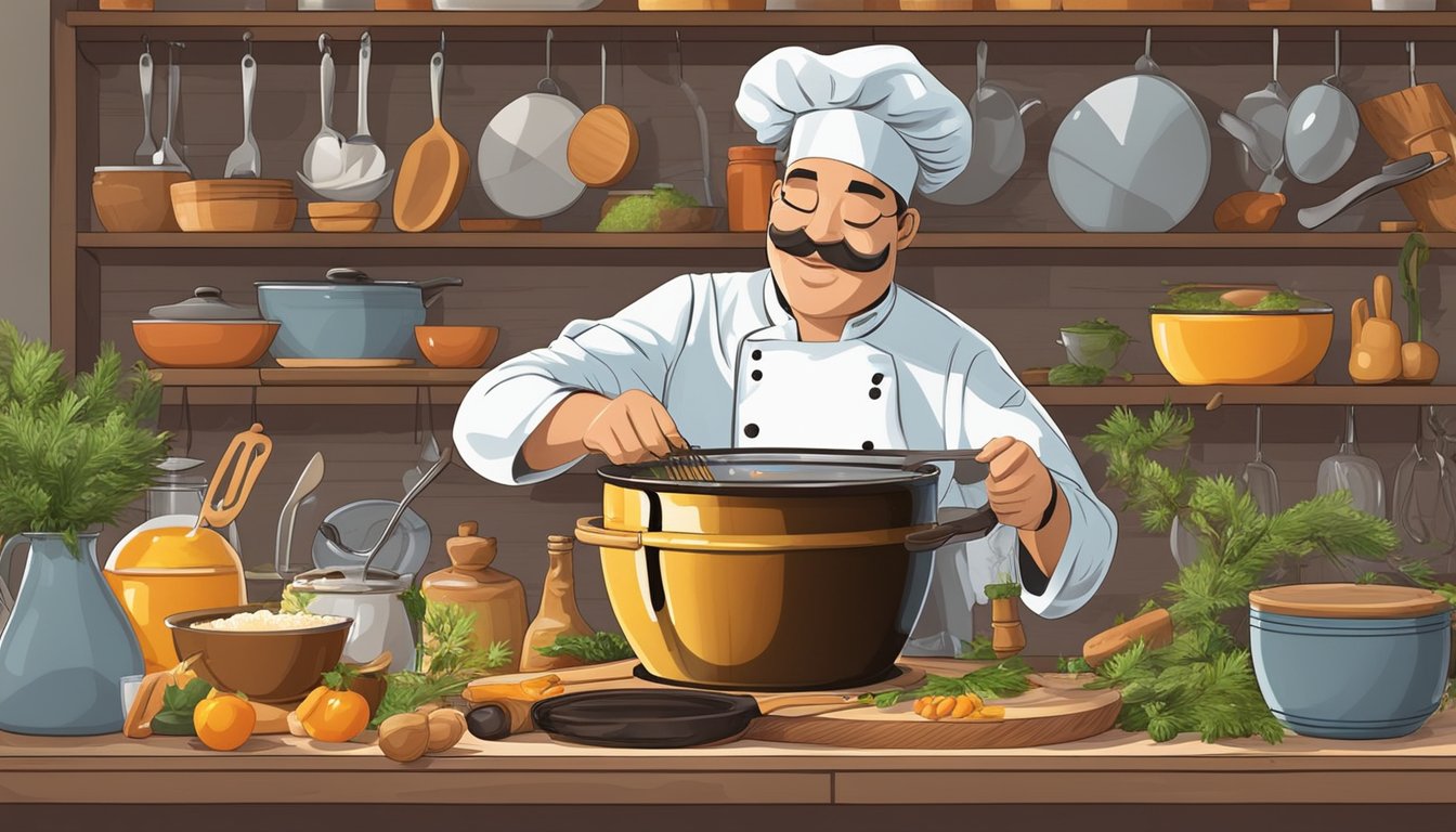 A chef pouring tree sap into a pot, surrounded by various cooking utensils and ingredients