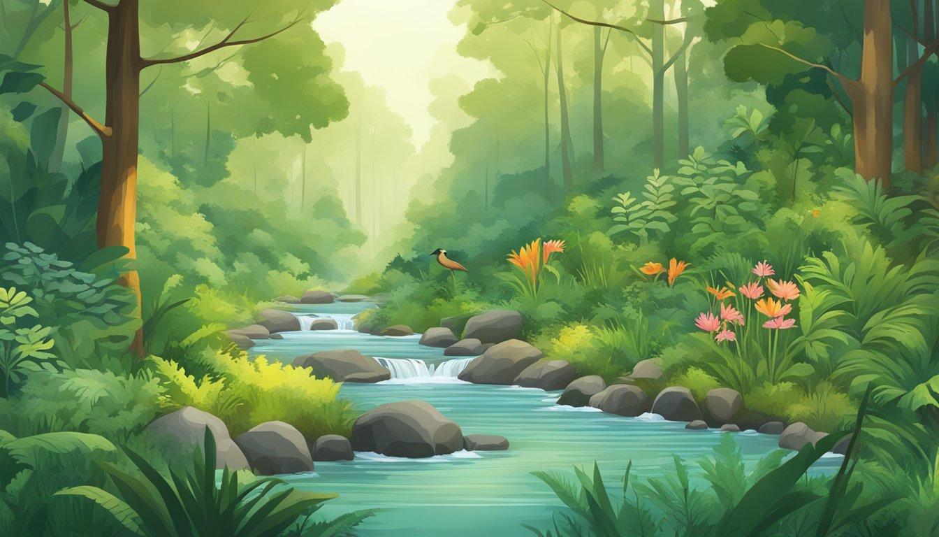 A lush forest with diverse plant life, a clear stream, and a variety of wildlife coexisting harmoniously