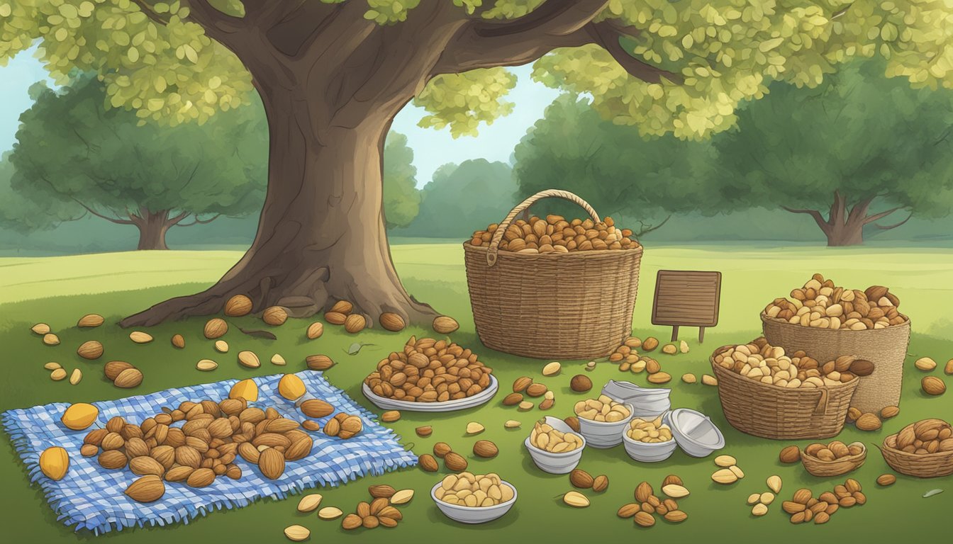 A picnic blanket spread out under a tree with various nuts scattered around, including walnuts, almonds, and pistachios, with a sign asking "Is it safe to eat tree nuts?"