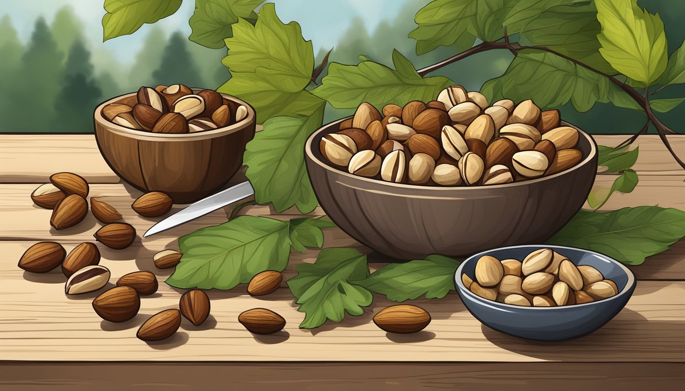 A variety of tree nuts arranged on a rustic wooden table with a knife and a bowl of mixed nuts, surrounded by leaves and branches