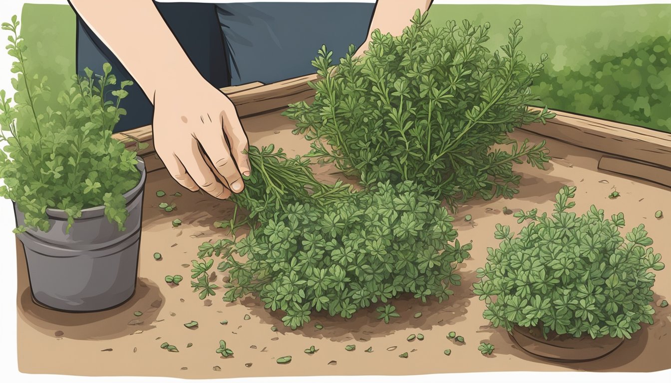 A hand picking thyme stems from a lush, green herb garden