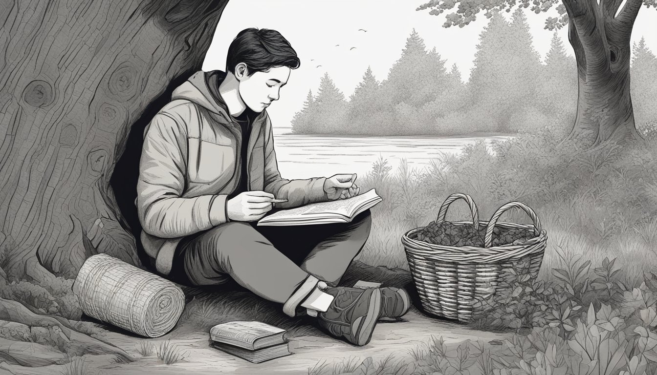 A person sitting under a tree, carefully examining and tasting small pieces of tree bark. Nearby, a book on foraging and a basket of gathered bark