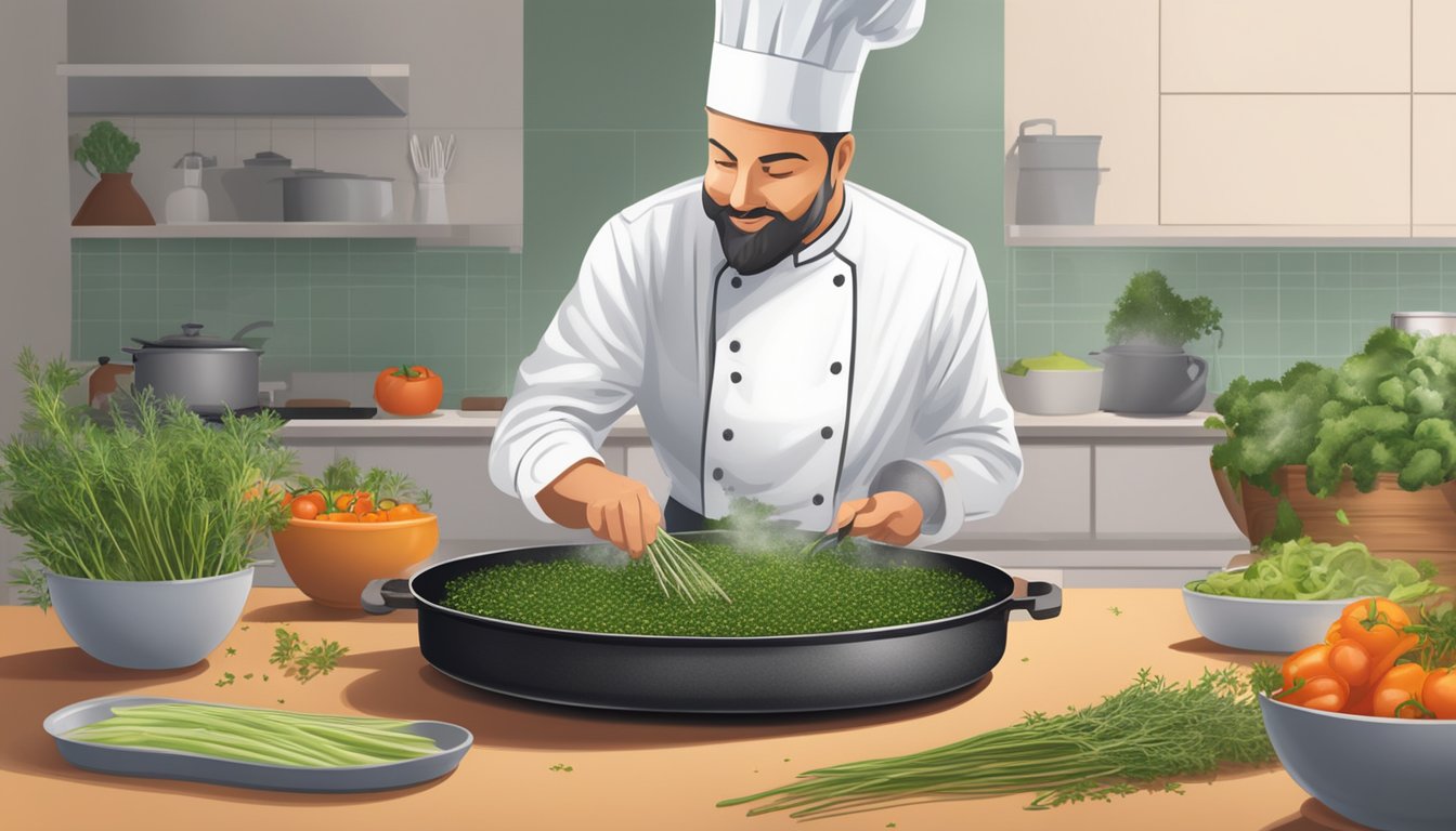 A chef sprinkles fresh thyme leaves onto a sizzling pan of vegetables, with a bunch of thyme stems nearby