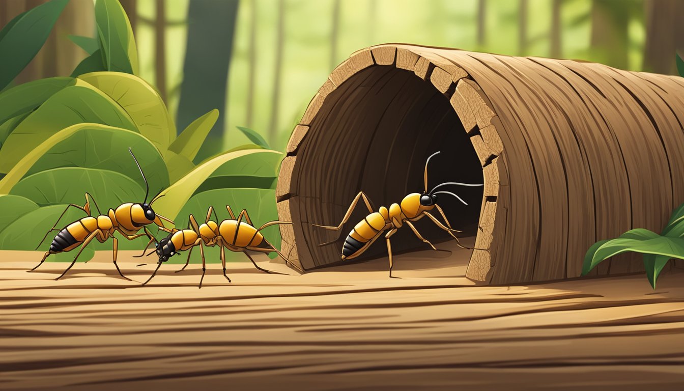 A group of termites crawling through a wooden tunnel, with one termite stopping to nibble on the wood