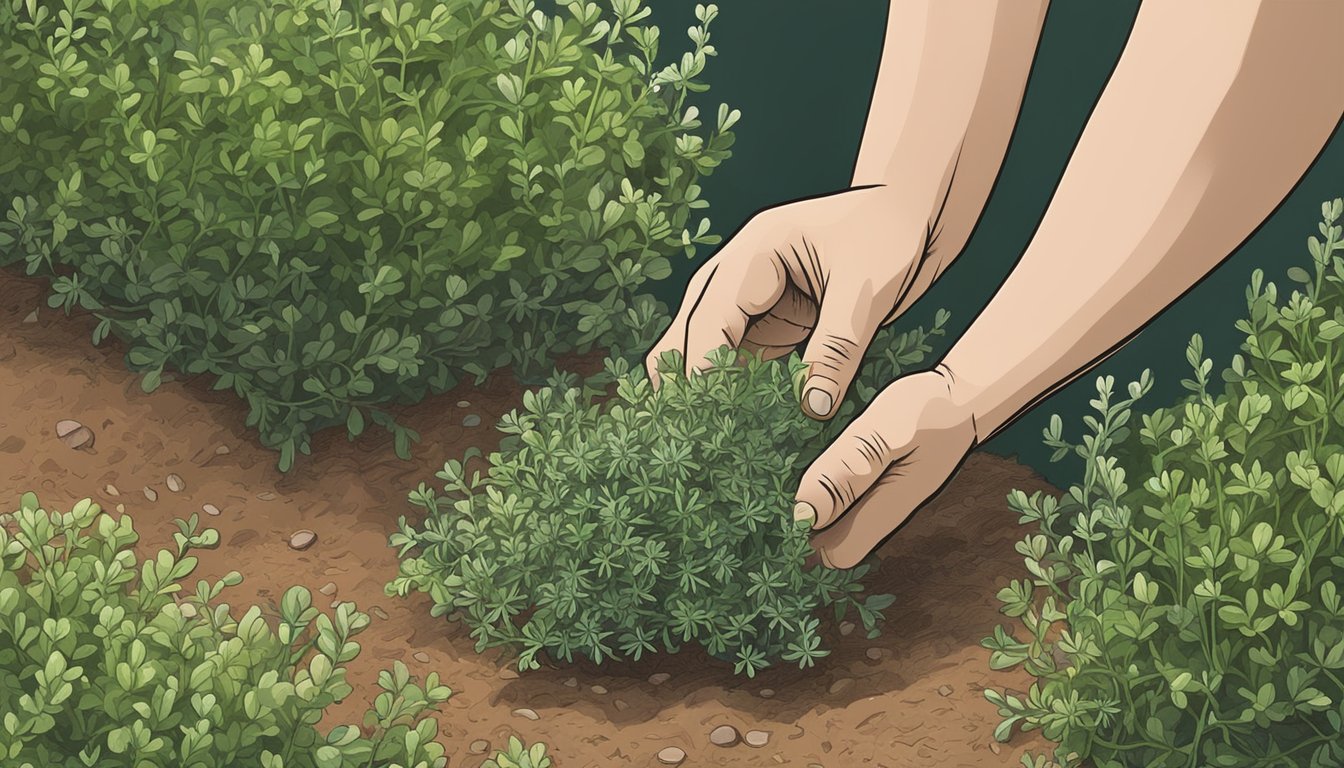 A hand picking thyme stems from a garden