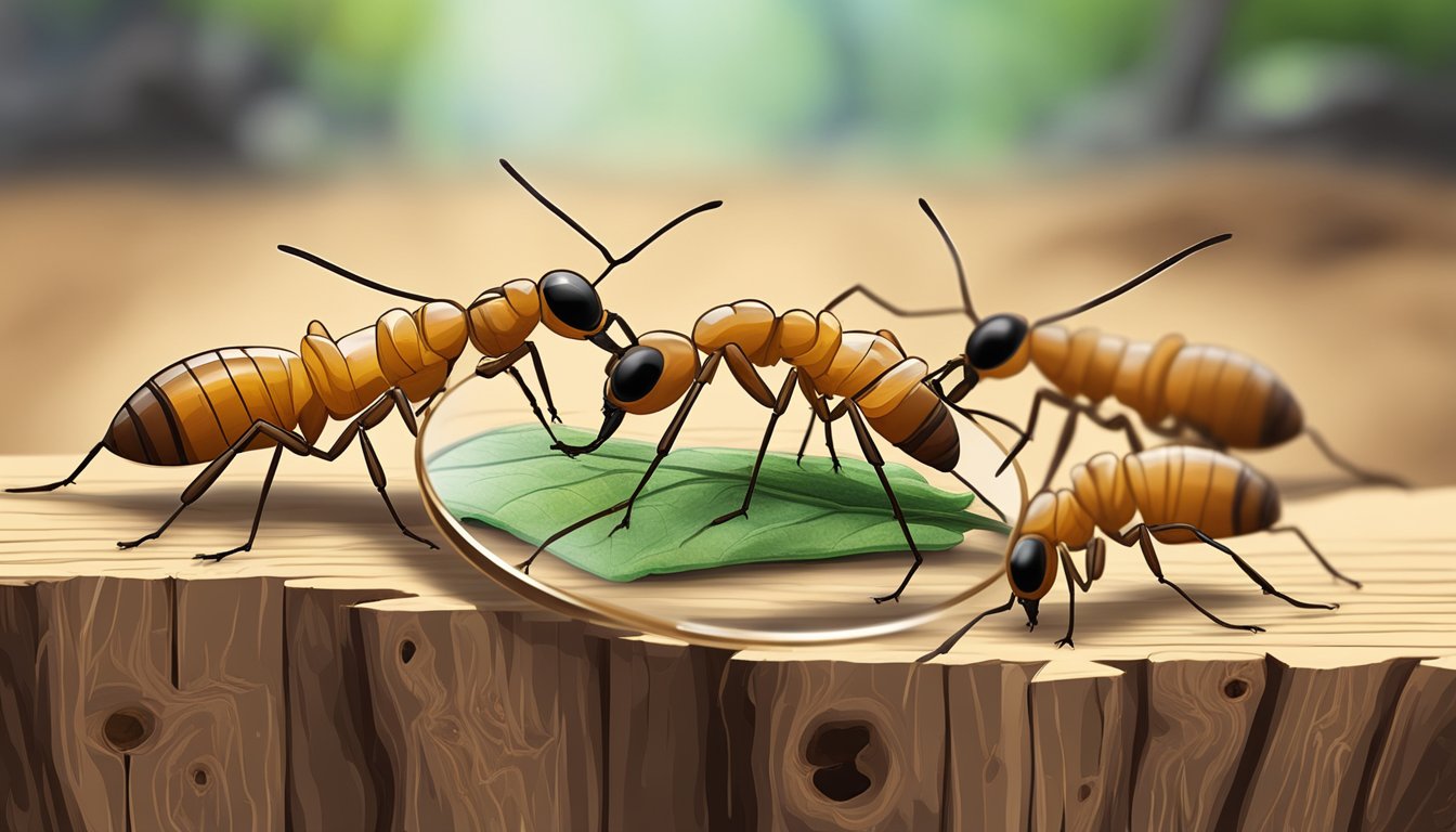 A close-up of termites crawling on a piece of wood, with a magnifying glass revealing their nutritional profile