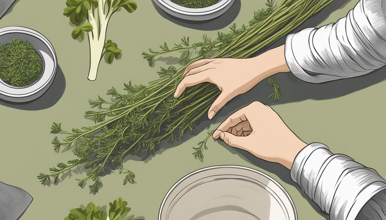 A hand reaching for thyme stems, inspecting them closely before using in cooking