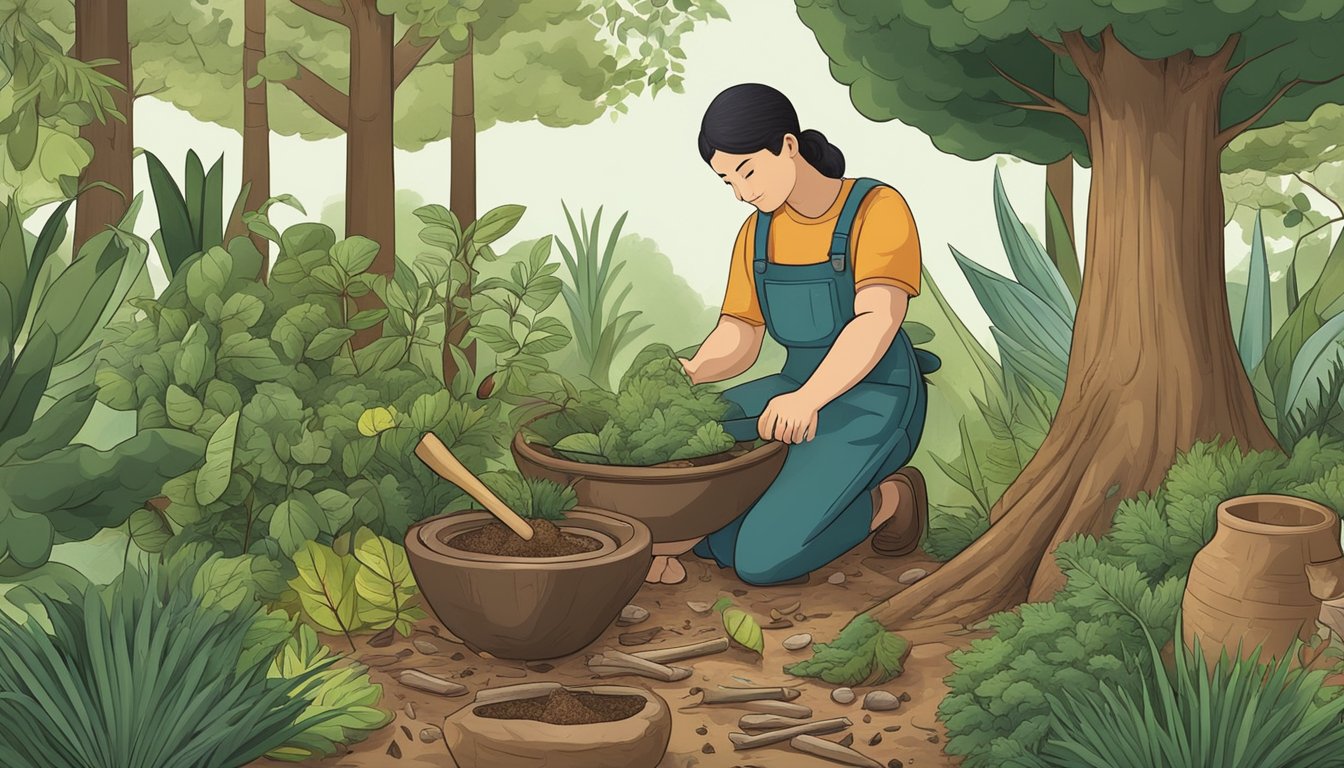 A person collecting tree bark with a mortar and pestle, surrounded by various types of trees and plants