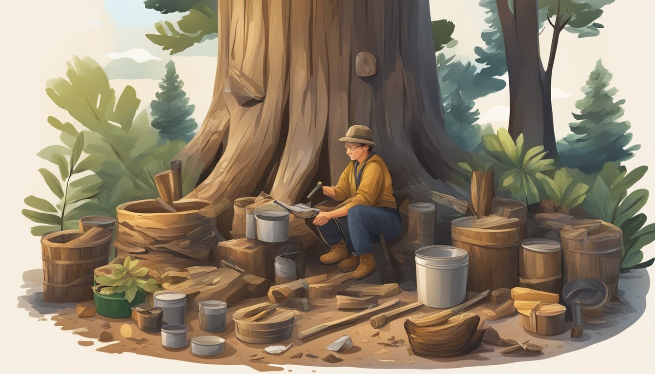 A person carefully peeling bark from a tree trunk, surrounded by various tools and containers for collecting and processing the bark