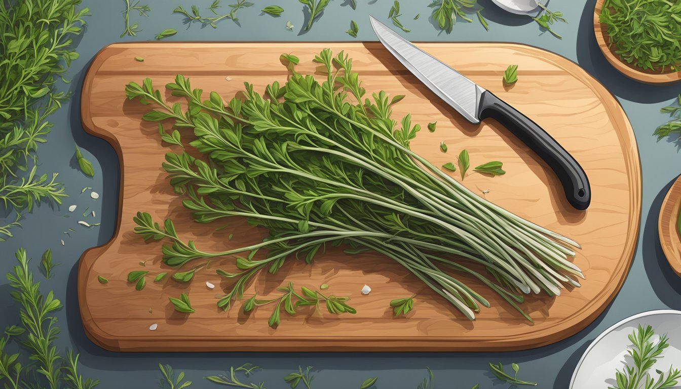 Fresh thyme stems arranged on a clean cutting board, with a knife nearby