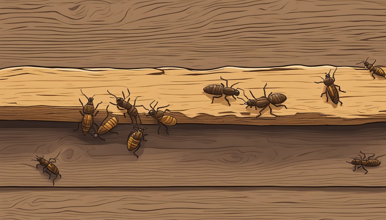 A close-up illustration of termites crawling on a piece of wood, with a question mark above them