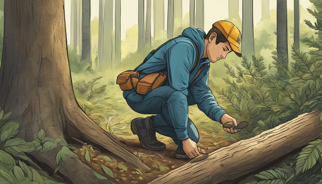 A person foraging for food in a forest, examining a piece of tree bark for safety considerations