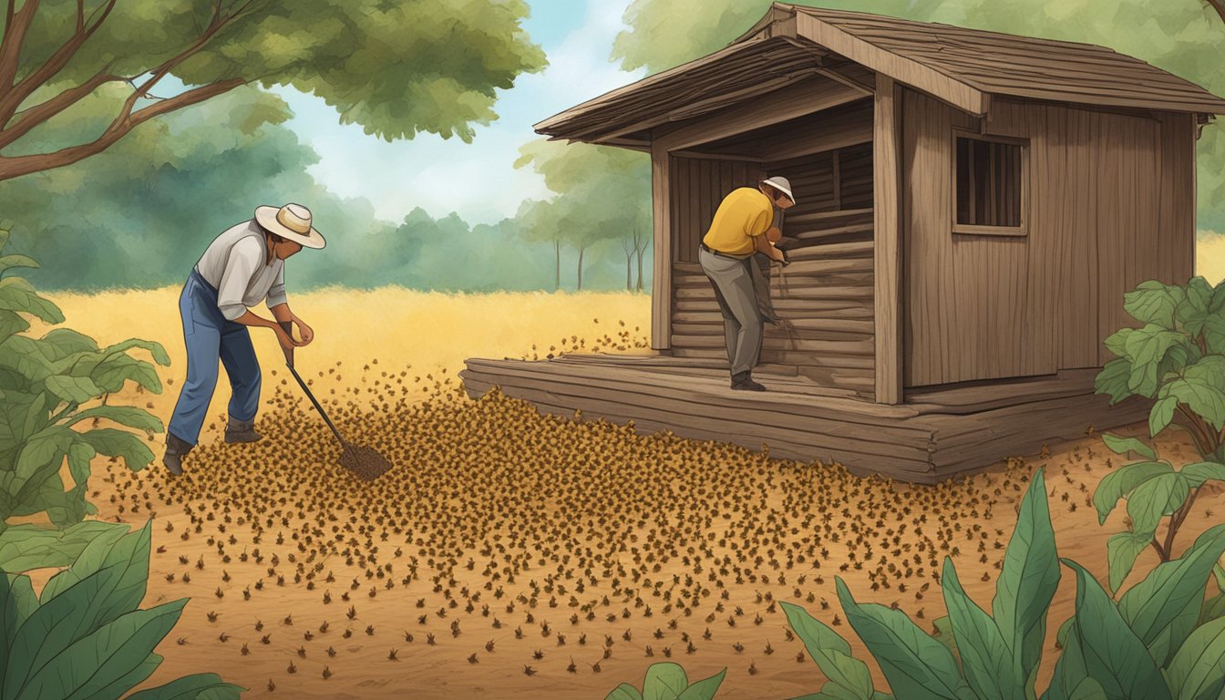 Termites swarming around a wooden structure with a farmer inspecting crops nearby