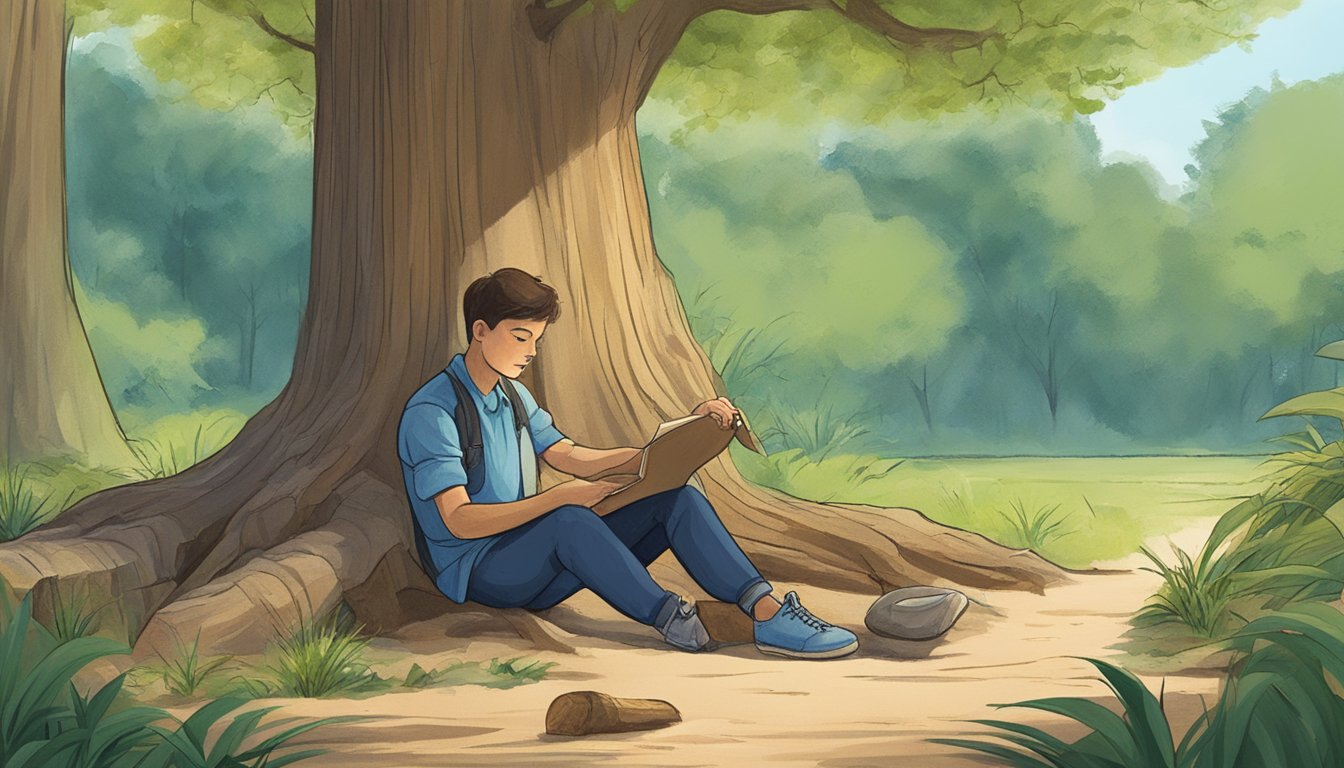 A person sitting under a tree, examining tree bark for potential consumption. Surrounding flora and fauna suggest a natural, outdoor setting