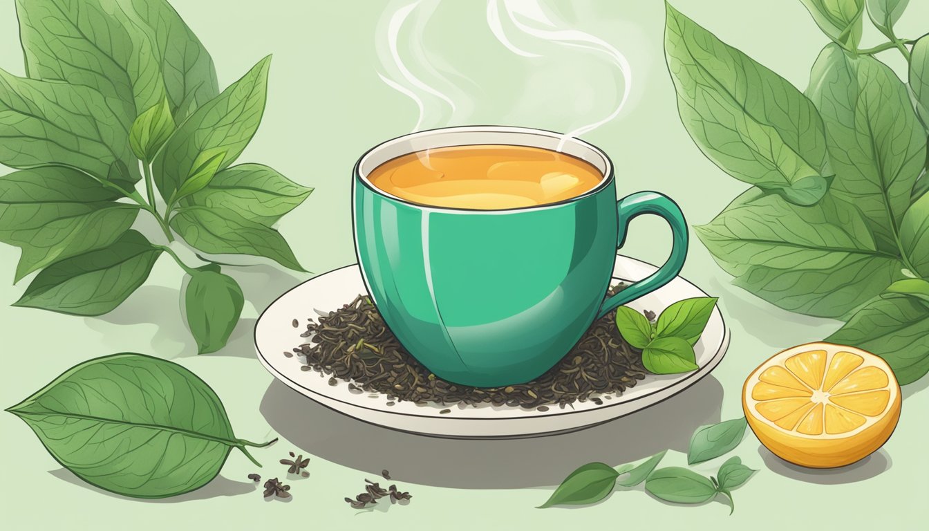 A steaming cup of tea sits beside a pile of loose tea leaves, surrounded by vibrant green plants and a herbal tea infuser