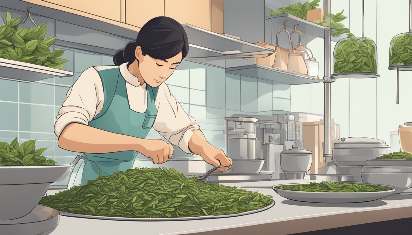 Tea leaves being carefully examined and prepared for consumption in a clean, well-lit kitchen setting