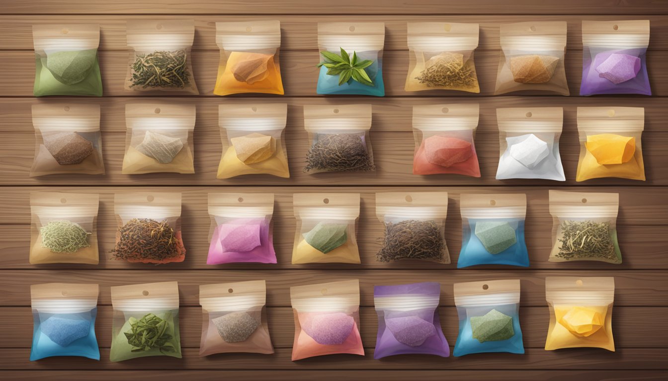 A variety of tea bags arranged neatly on a wooden surface, with loose tea leaves scattered around them