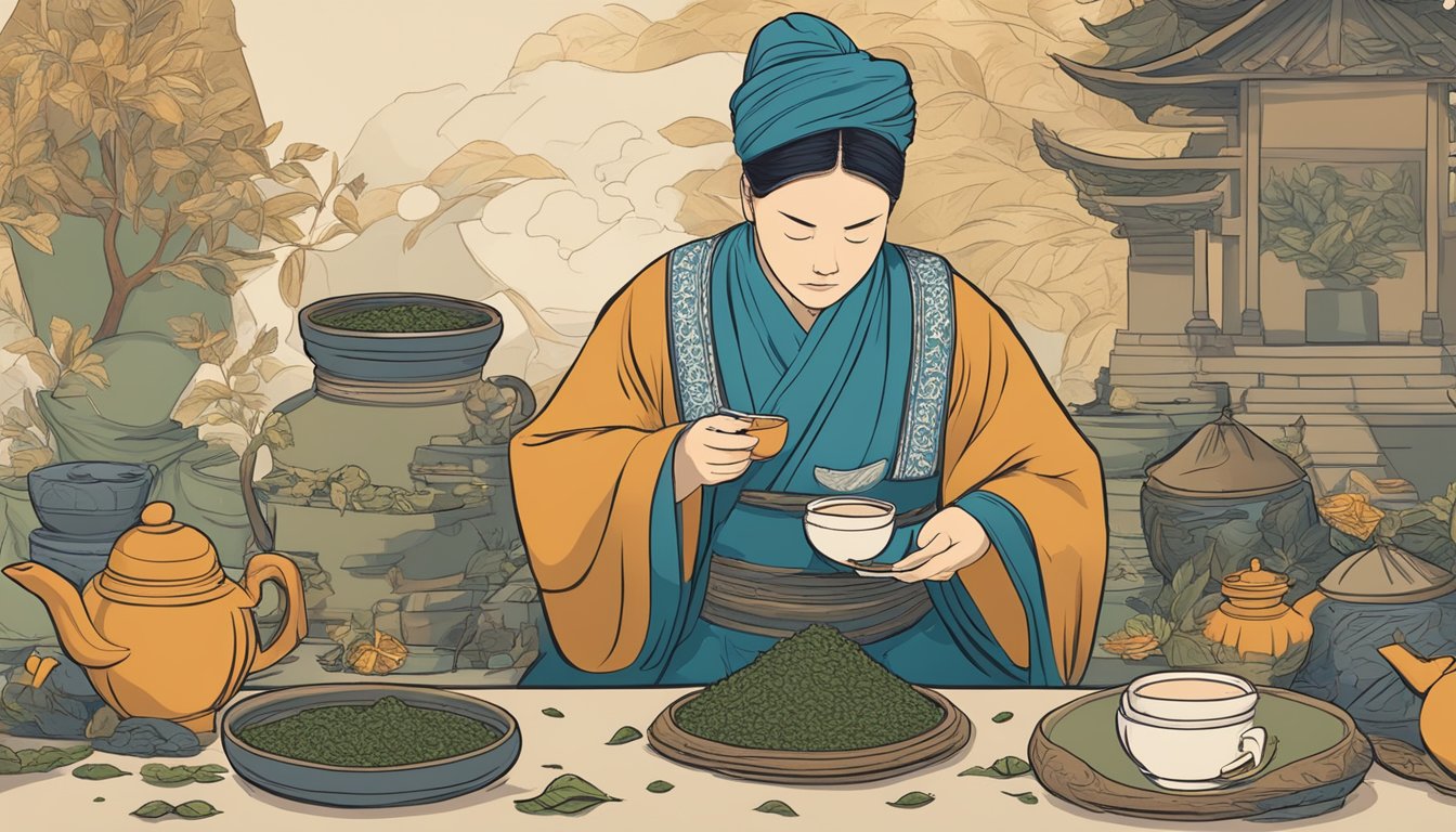 A person in traditional clothing examines tea leaves with a concerned expression, while surrounded by historical artifacts and cultural symbols