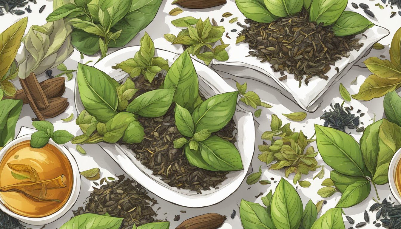 A pile of loose tea leaves spilling out of a torn tea bag, surrounded by various types of tea leaves and herbs