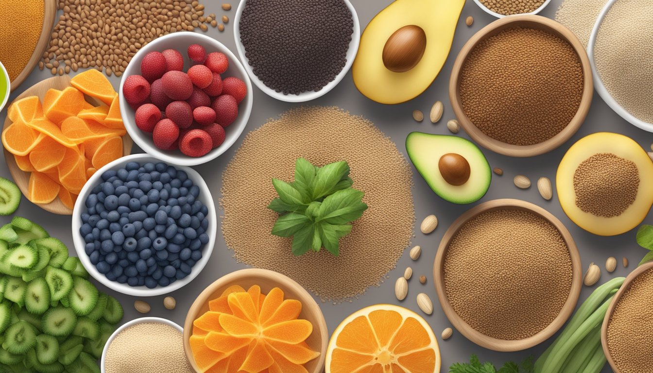 A colorful array of teff grains, accompanied by a variety of fresh fruits and vegetables, with a nutritional label in the background