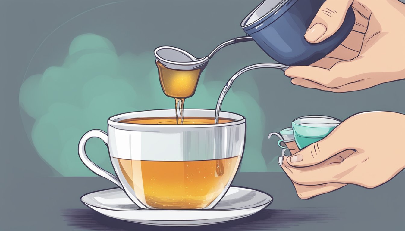 A person placing a tea bag into a cup of hot water, watching as the liquid changes color