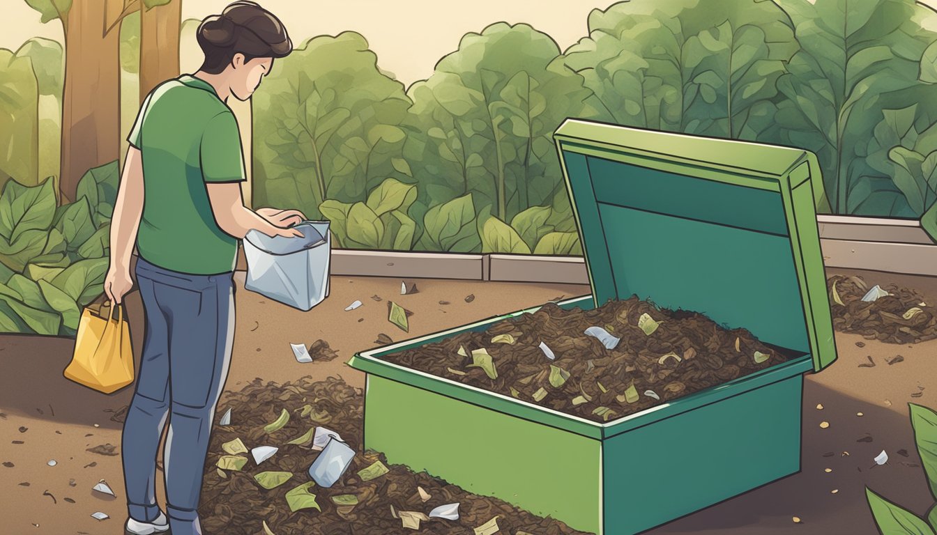 A person placing a used tea bag into a compost bin surrounded by organic waste and a recycling bin for paper and cardboard