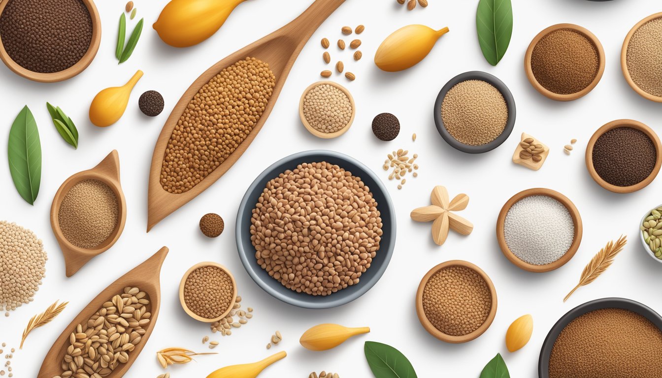 A colorful array of teff grains arranged on a clean, white surface, with various dietary symbols and icons surrounding them