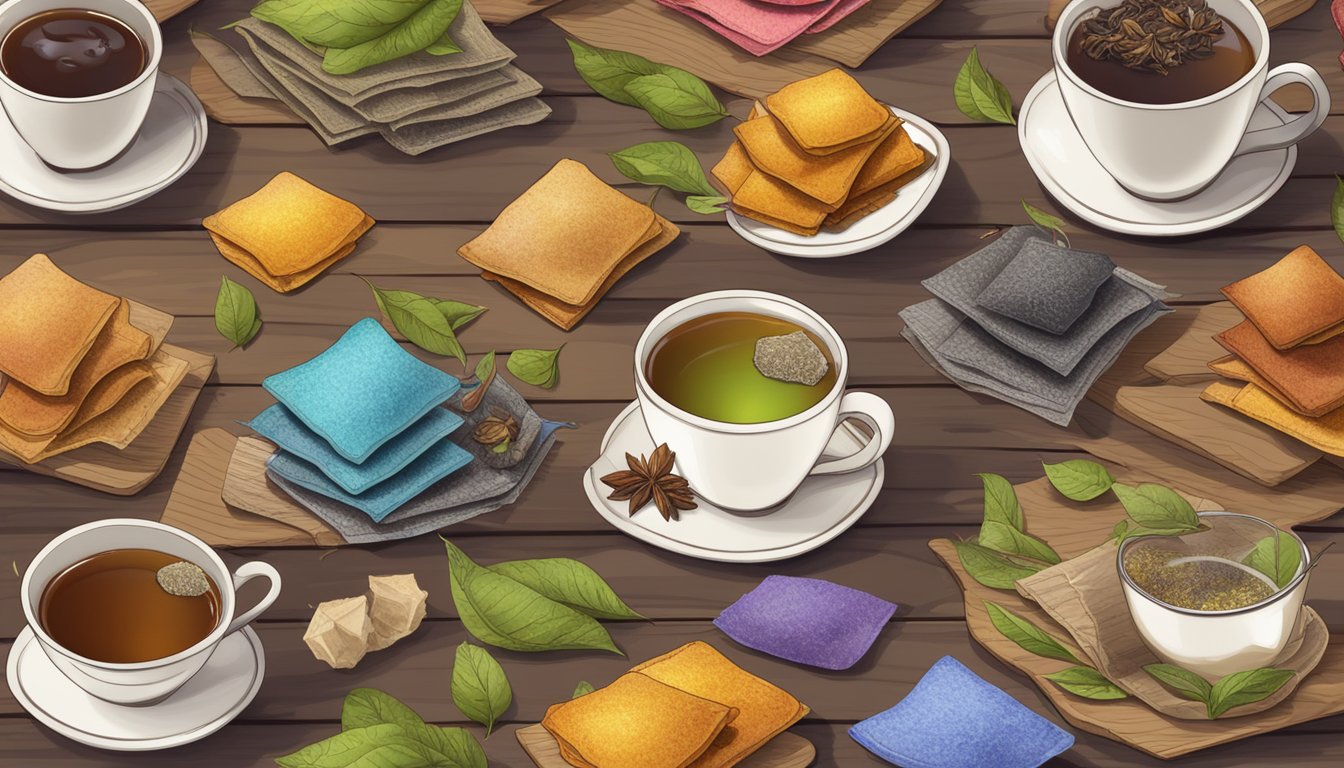 A variety of tea bags displayed on a wooden table, surrounded by colorful loose tea leaves and a steaming cup of brewed tea