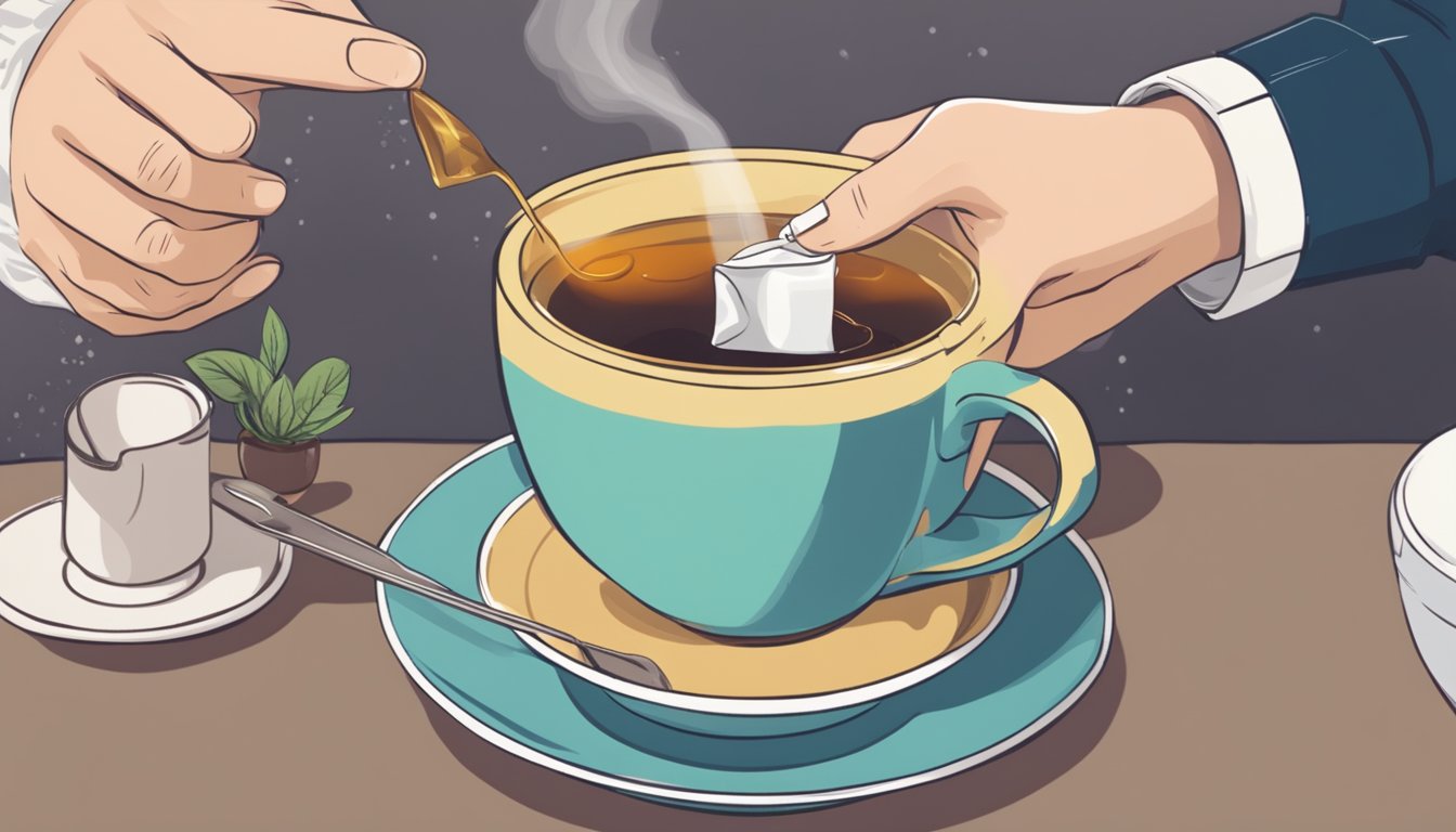 A person placing a tea bag in a cup, pouring hot water, and steeping it before removing the bag