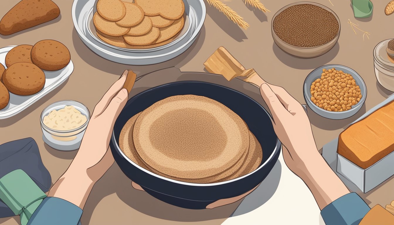 A person holding a bowl of cooked teff, surrounded by various teff-based products such as bread, pancakes, and cookies