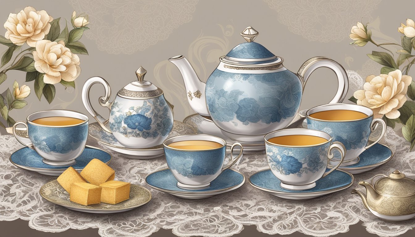 A vintage tea set with a porcelain teapot, cups, and saucers sits on a lace tablecloth, surrounded by loose tea leaves and a variety of tea bags