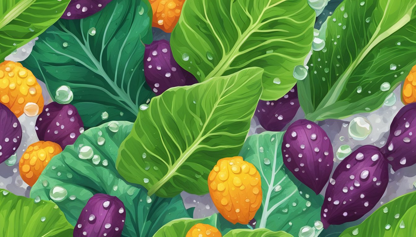 A close-up of fresh, vibrant taro leaves with droplets of water on them, surrounded by other colorful and healthy vegetables