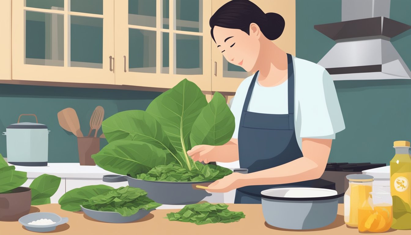 A person cooking and eating taro leaves, with a caution sign and a question mark hovering above the food