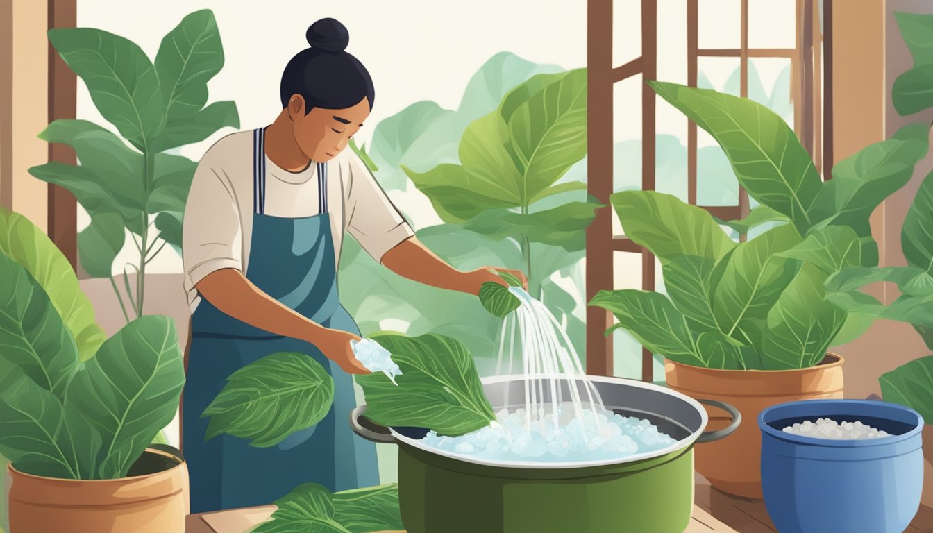 A person washing and boiling taro leaves in a pot of water