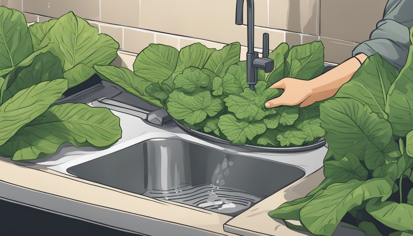 Fresh taro leaves being washed in a sink, with a person inspecting them for safety