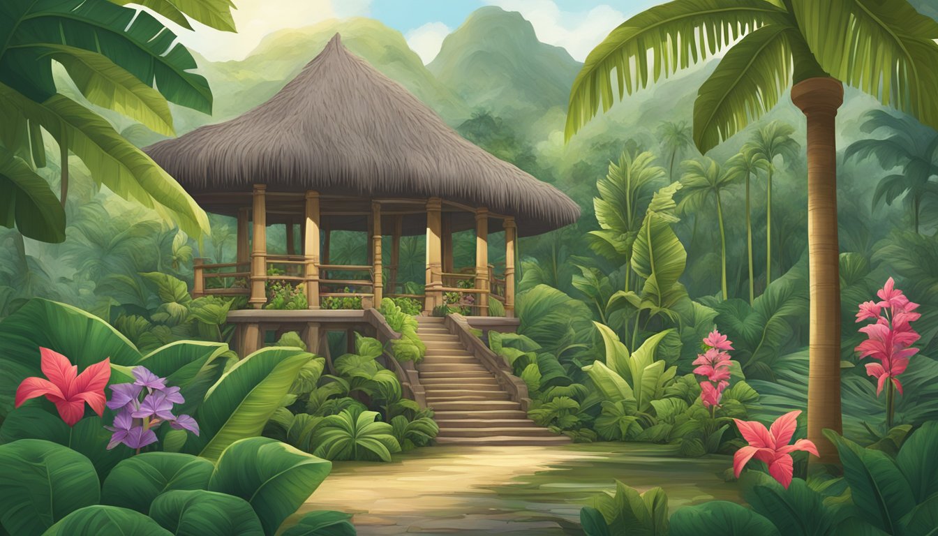 A lush tropical landscape with a taro plant growing in a traditional Polynesian garden, surrounded by historical artifacts and cultural symbols